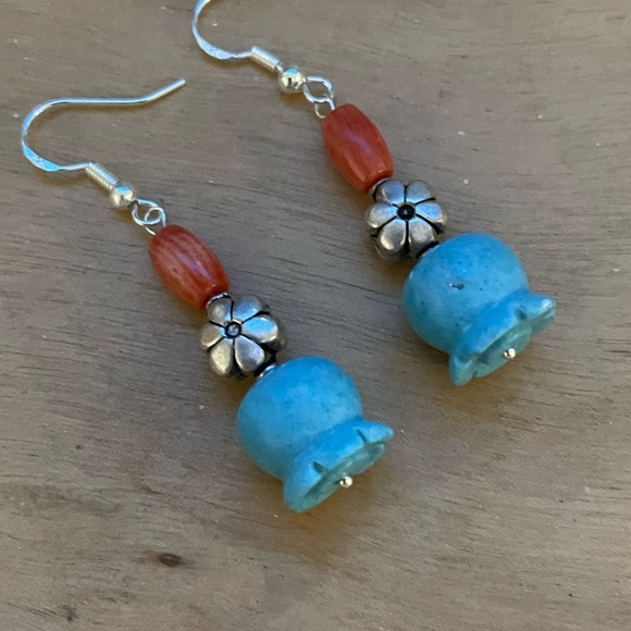 Turquoise Tulip and Coral Earrings - Picture 2 of 7